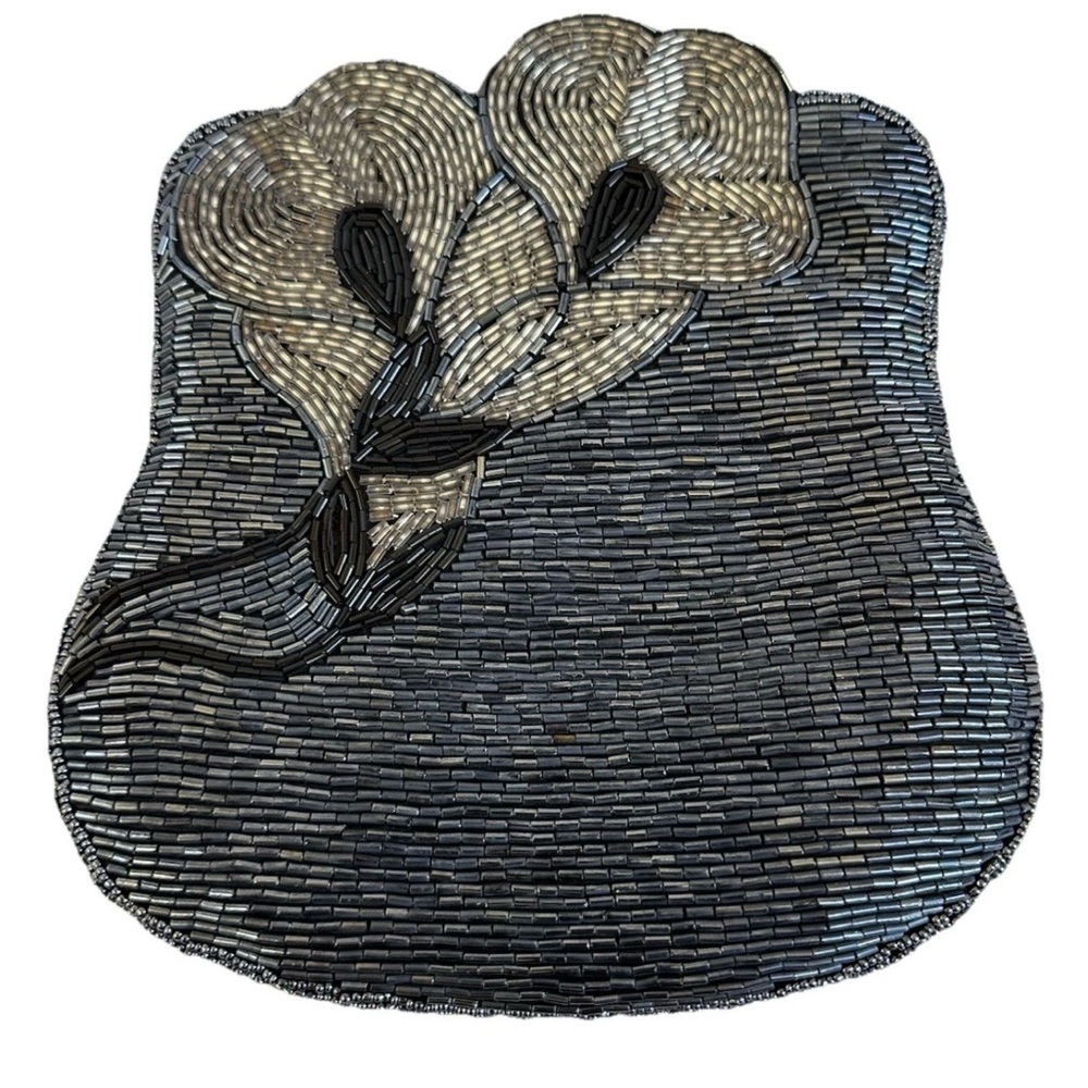 VTG Beaded Purse Calla Lily Art Deco 80s Evening Metallic Charcoal Cocktail READ